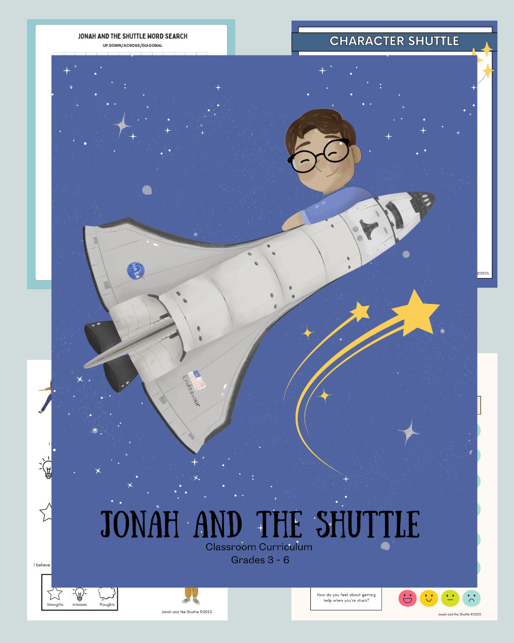 Book cover of 'Jonah and the Shuttle' with a space shuttle and child illustration on a blue background.